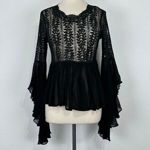 Womens Romantic Goth Fairy Grunge Witchy Top Sz Small Lace Bell Sleeve Black